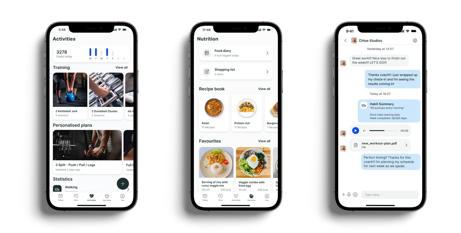 A mockup of the coaching app showcasing the different features.